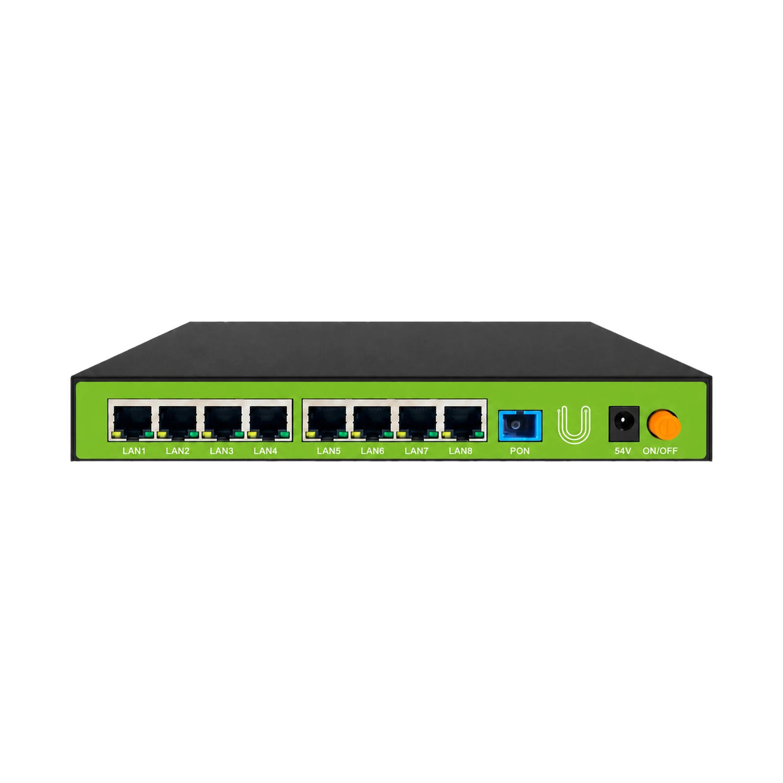 FiberTrix-8 desktop GPON/EPON MDU with PoE+ — green front panel with 8 Gigabit ports and PON port