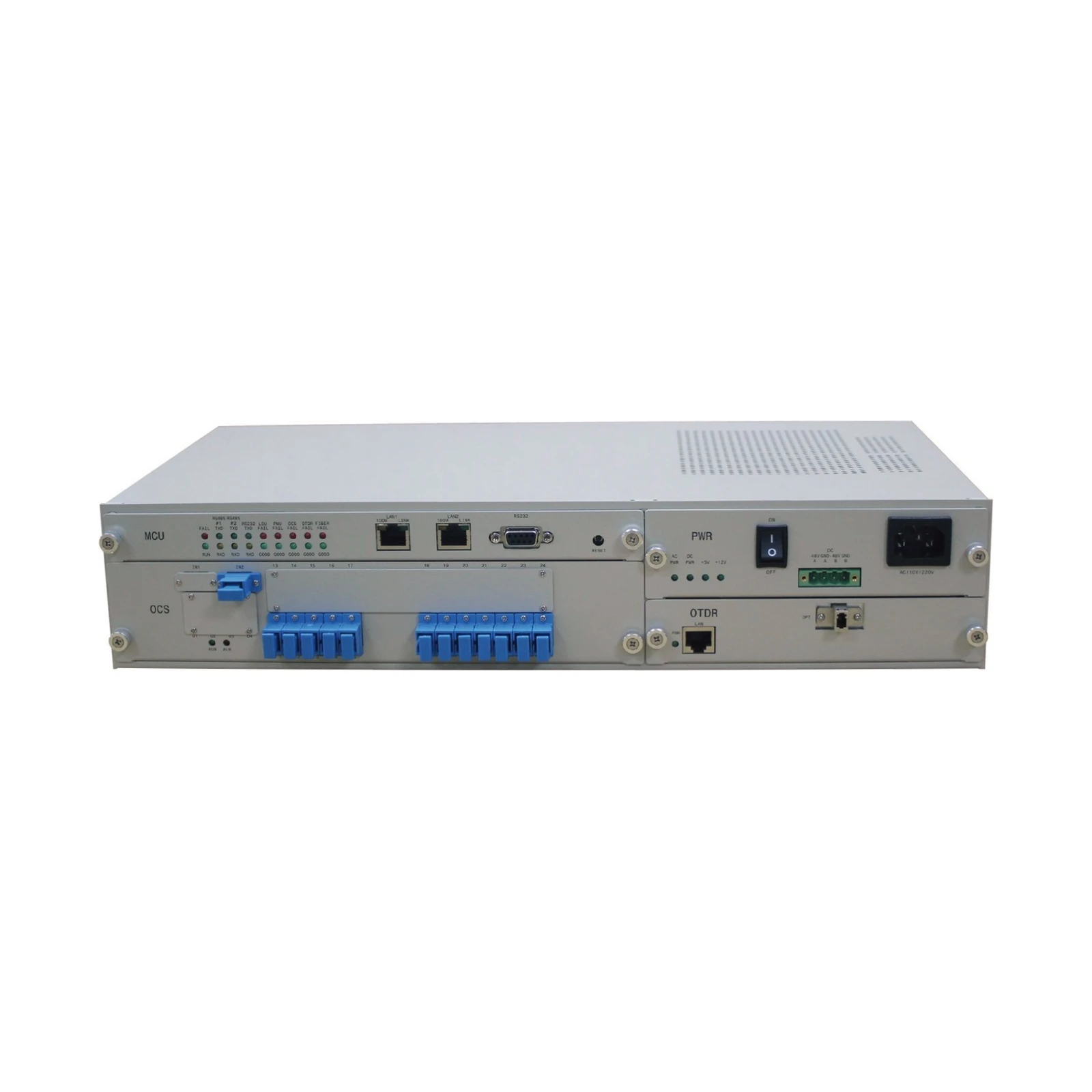 uFT-2U intelligent remote fiber test system — front panel with MCU, OCS, OTDR and power modules